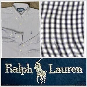 Ralph Lauren Men 16.5 Yarmouth Blue Gingham CottonButron Down Long Sleeve Shirt